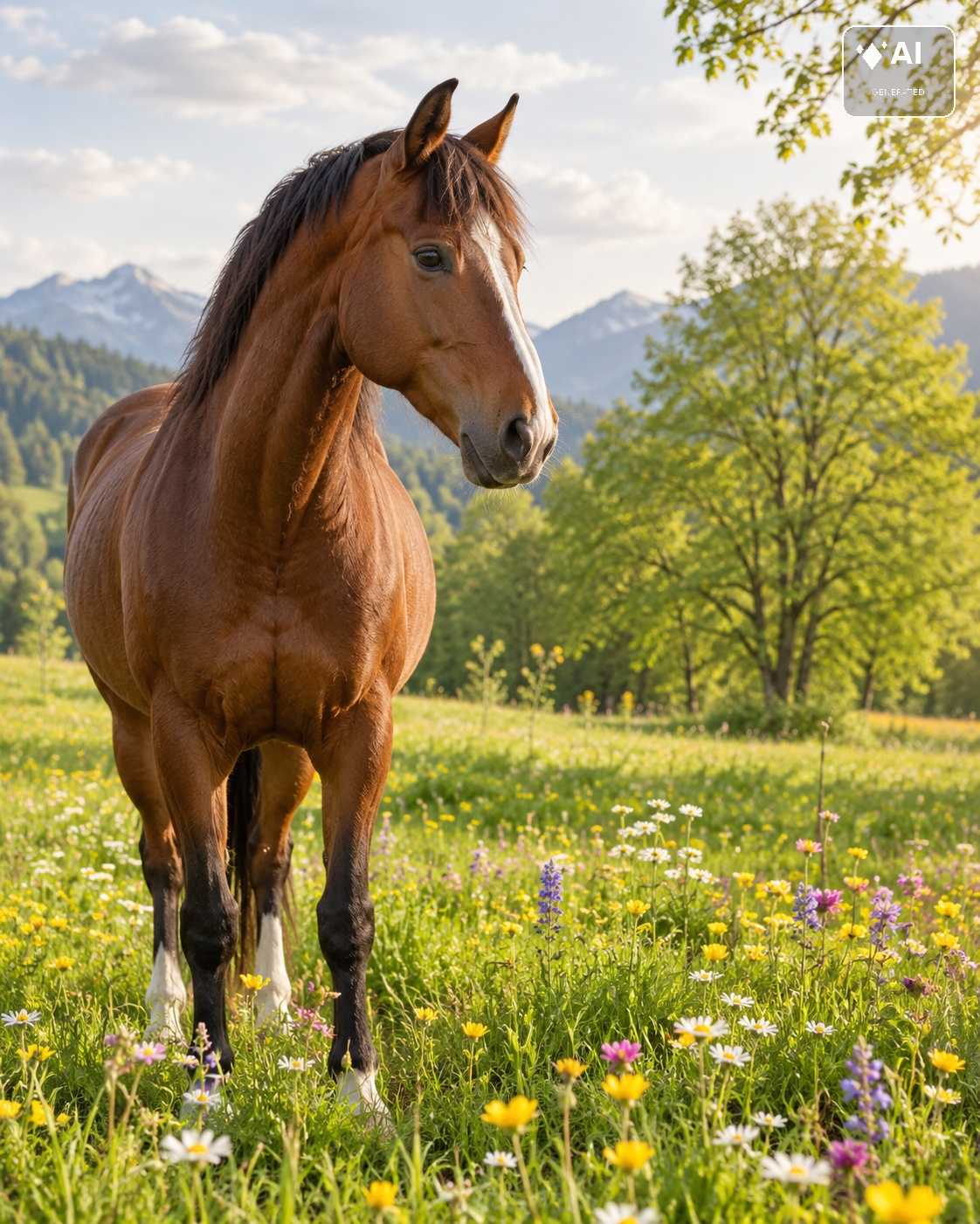 Braunes Pferd steht auf einer Blumenwiese mit Bergen und Bäumen im Hintergrund